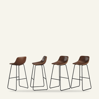 Bar Stools, Set of 4, Brown Faux Leather, Black Iron Sled Base