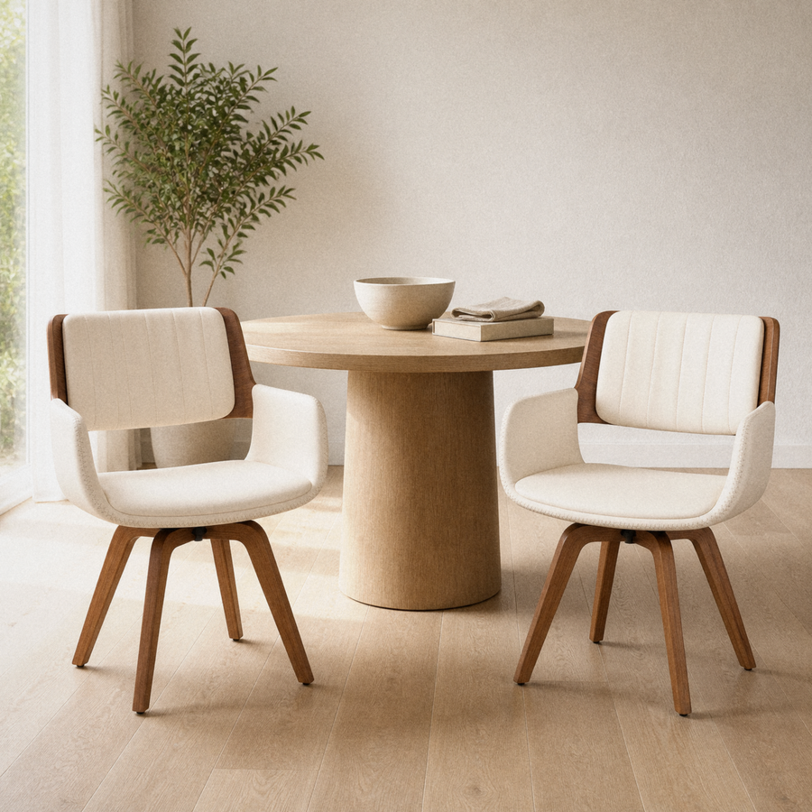 In a room | the pair in a warm white dining room, morning sidelight from the left