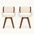 Front | both beige faux leather swivel armchairs centered on paper, walnut wood shell and legs visible