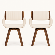 Front | both beige faux leather swivel armchairs centered on paper, walnut wood shell and legs visible