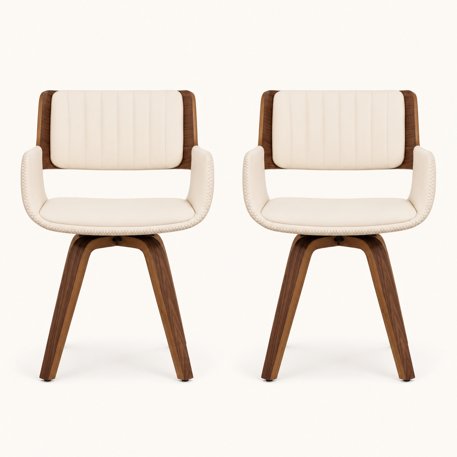 Front | both beige faux leather swivel armchairs centered on paper, walnut wood shell and legs visible