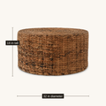 Dimensions | woven rattan coffee table marked 32 inches in diameter and 18 inches tall
