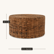 Dimensions | woven rattan coffee table marked 32 inches in diameter and 18 inches tall