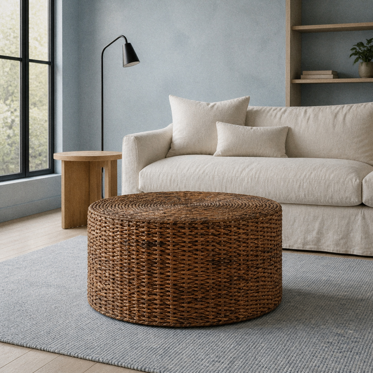 Cool blue living room | round natural-brown woven rattan coffee table in front of an oatmeal sofa on a plain blue rug