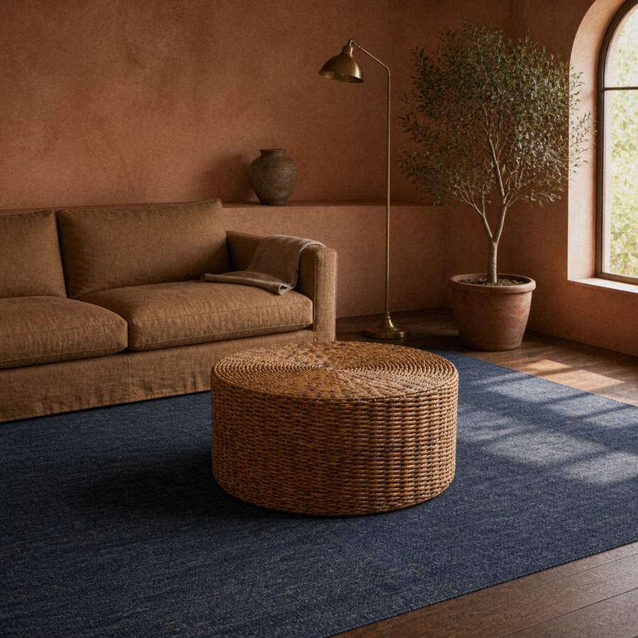 Terracotta room | woven rattan coffee table in front of a caramel sofa on a plain indigo rug