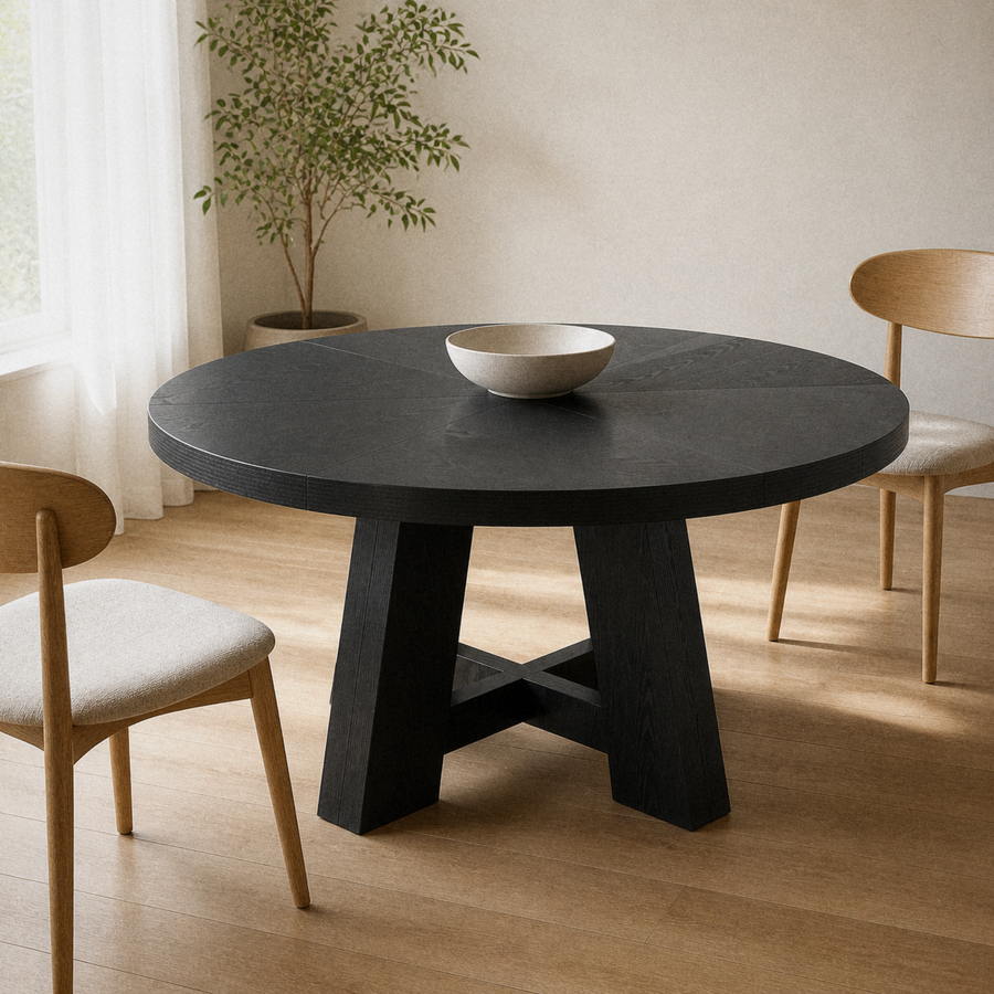 In a room | round black trestle dining table in a pale-oak dining room, soft morning sidelight from the left