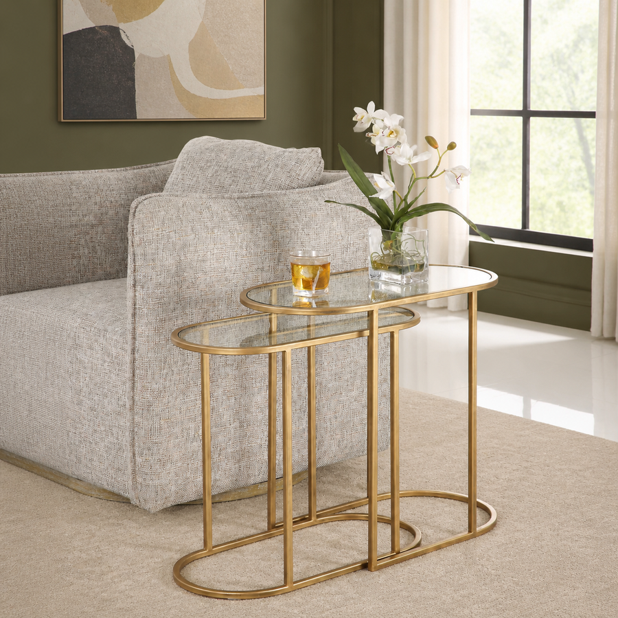 Kolvern Svinair Glass Oval Nesting Tables in a restyled supplier room | Pipeline B room-shell edit 1