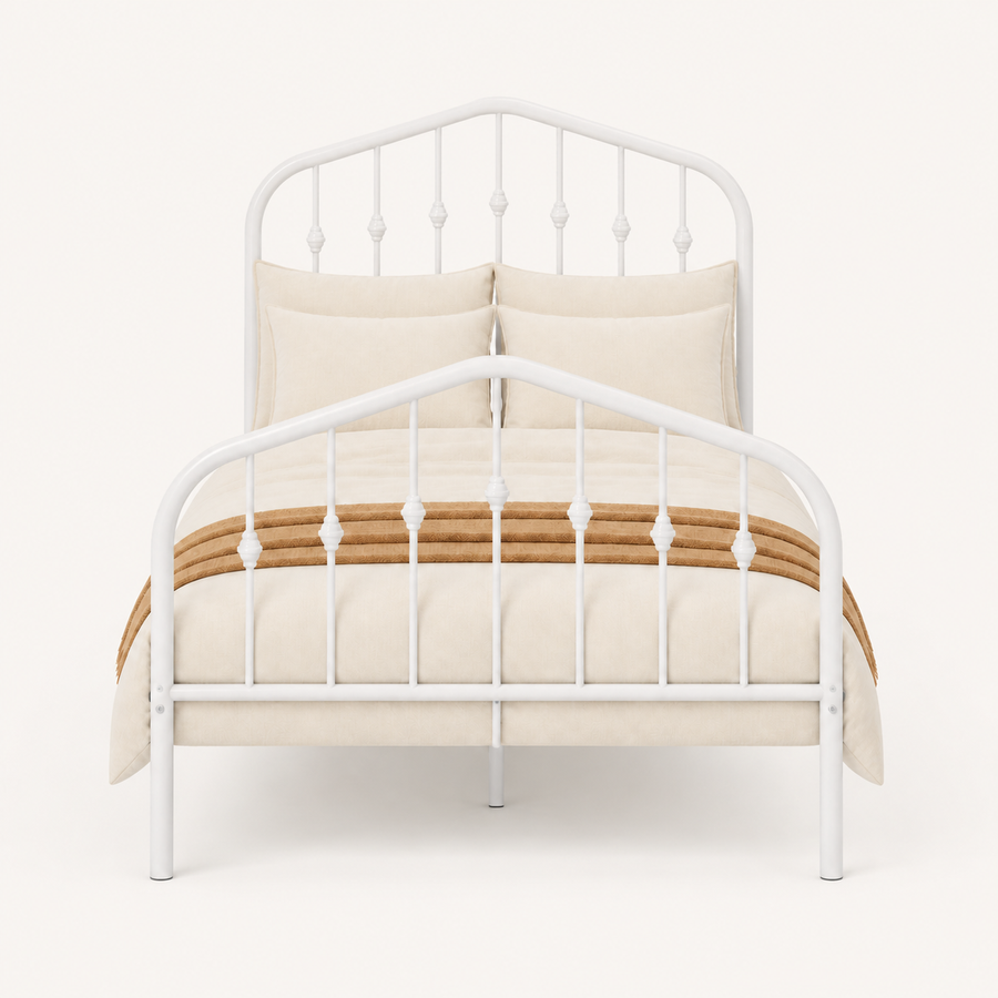 Front | Straight-on studio view of the complete white metal bed with arched headboard and footboard