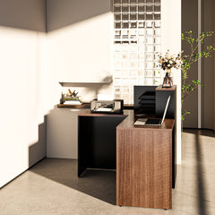 L-Shaped Reception Desk with Filing Cabinet, Walnut Manufactured Wood