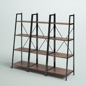 Ladder Bookcase, 4-Tier, Black Steel Frame, Walnut Color Shelves