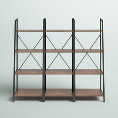 Ladder Bookcase, 4-Tier, Black Steel Frame, Walnut Color Shelves