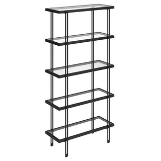 Ladder Bookcase, 68 in Tall, Black Steel Frame with Glass Shelves