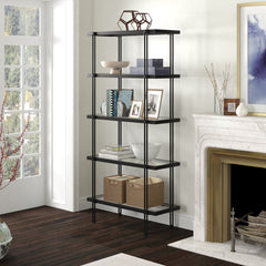 Ladder Bookcase, 68 in Tall, Black Steel Frame with Glass Shelves