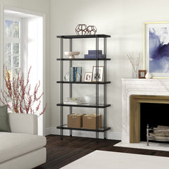 Ladder Bookcase, 68 in Tall, Black Steel Frame with Glass Shelves