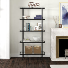 Ladder Bookcase, 68 in Tall, Black Steel Frame with Glass Shelves