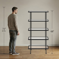 Ladder Bookcase, 68 in Tall, Black Steel Frame with Glass Shelves
