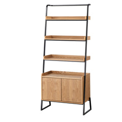 Ladder Shelf with Cabinet, 72.8 in H, Natural Veneered MDF with Black Metal Frame