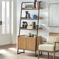 Ladder Shelf with Cabinet, 72.8 in H, Natural Veneered MDF with Black Metal Frame