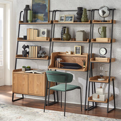 Ladder Shelf with Cabinet, 72.8 in H, Natural Veneered MDF with Black Metal Frame