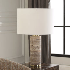 Lamp, 1 Light, Ivory Base with White Linen Drum Shade