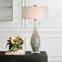 Lamp, Smoked Bronze Crystal Base with White Linen Shade