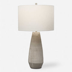 Lamp with Linen Blend Drum Shade, Gray and Taupe Ceramic Base