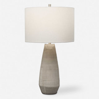 Lamp with Linen Blend Drum Shade, Gray and Taupe Ceramic Base
