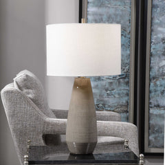 Lamp with Linen Blend Drum Shade, Gray and Taupe Ceramic Base
