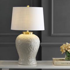 Lamp with Palm Leaf Ceramic Base and White Linen Shade