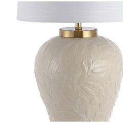 Lamp with Palm Leaf Ceramic Base and White Linen Shade