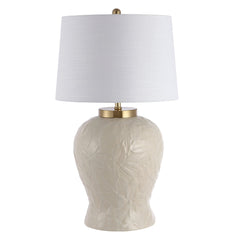 Lamp with Palm Leaf Ceramic Base and White Linen Shade
