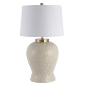 Lamp with Palm Leaf Ceramic Base and White Linen Shade