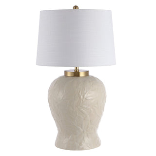 Lamp with Palm Leaf Ceramic Base and White Linen Shade