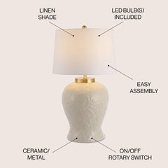 Lamp with Palm Leaf Ceramic Base and White Linen Shade