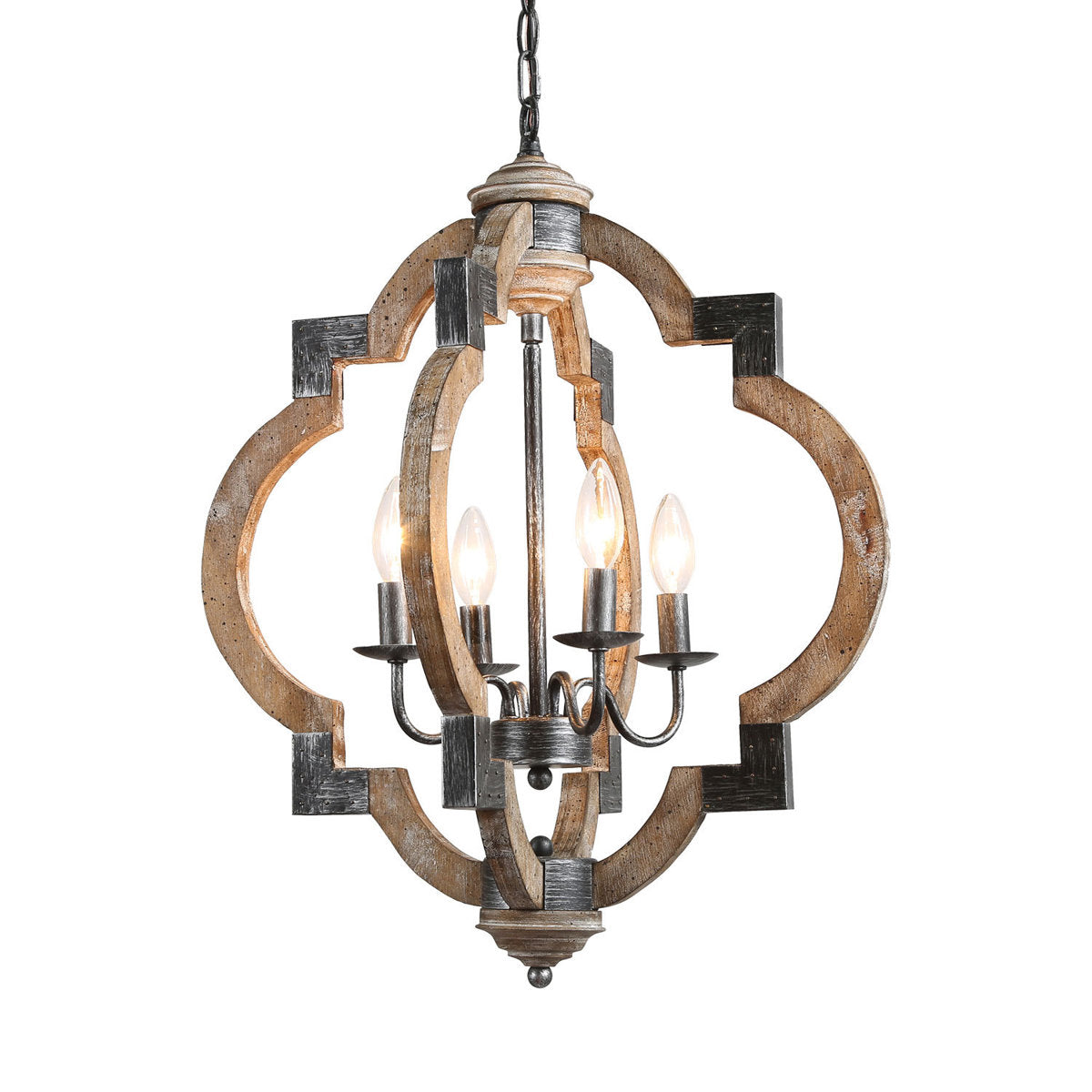 Lantern Chandelier with 4 Lights in Bronze Iron and Wood