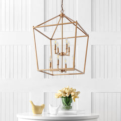 Lantern Pendant Light, 8-Light Metal Frame in Antique Gold