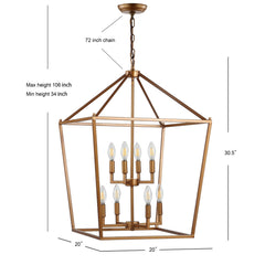 Lantern Pendant Light, 8-Light Metal Frame in Antique Gold