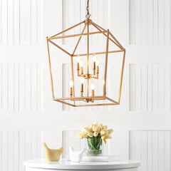 Lantern Pendant Light, 8-Light Metal Frame in Antique Gold