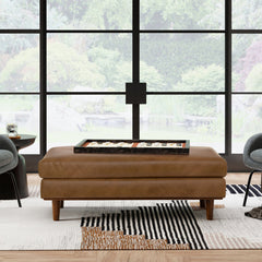 Large Rectangular Ottoman, Genuine Leather, Caramel Brown