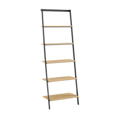 Leaning Ladder Shelf, 5 Tiers, Solid Bamboo with Black Steel Frame