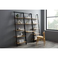 Leaning Ladder Shelf, 5 Tiers, Solid Bamboo with Black Steel Frame