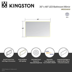 LED Bathroom Mirror, Aurora, 30 in x 48 in with Anti-Fog in Silver