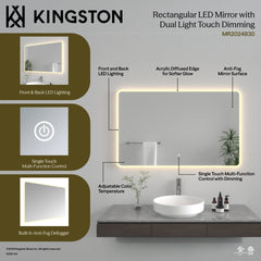 LED Bathroom Mirror, Aurora, 30 in x 48 in with Anti-Fog in Silver