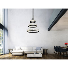 LED Chandelier, 3-Tier, Satin Black Metal with Crystal