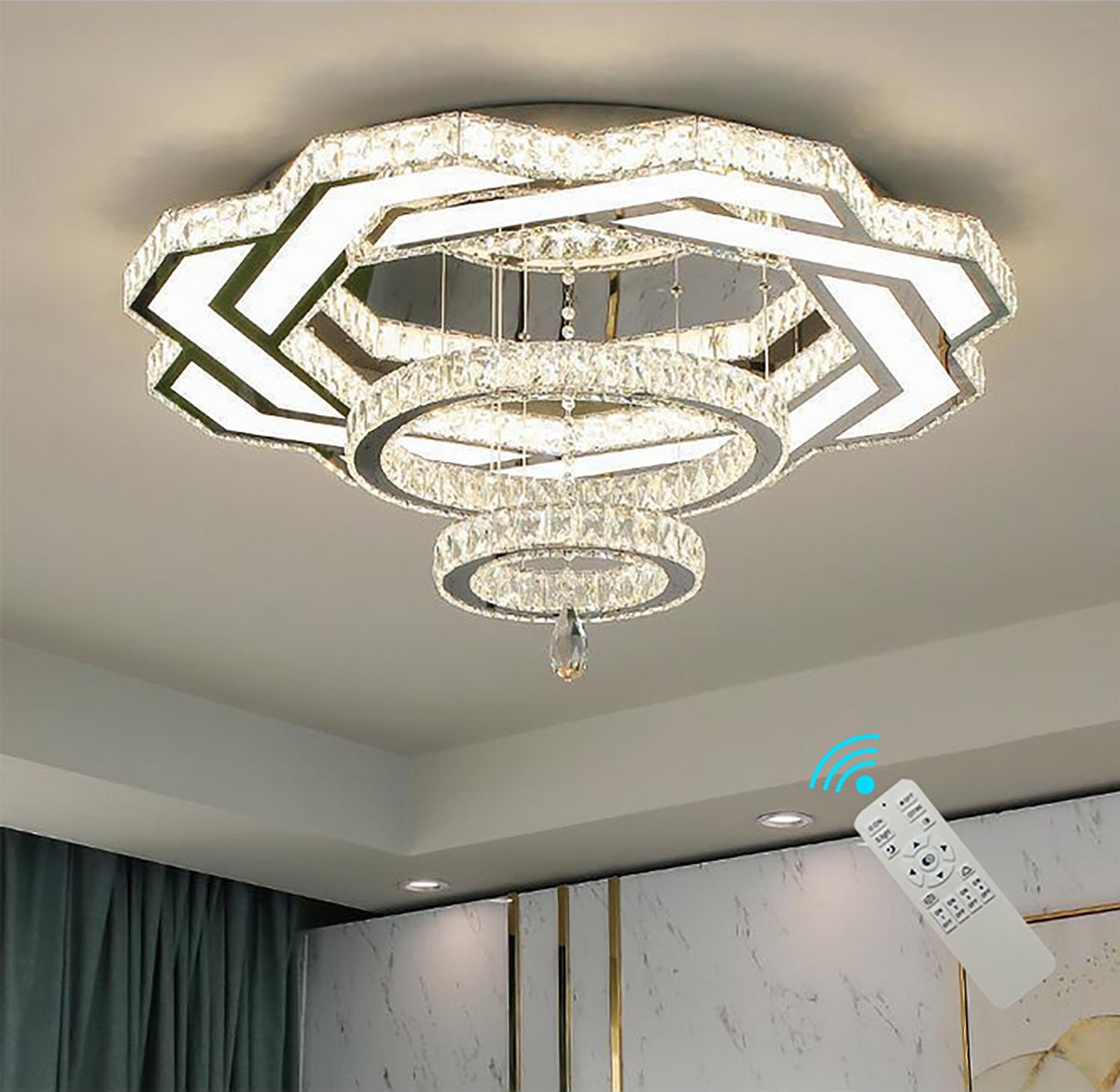 LED Crystal Chandelier, Dimmable with Remote Control, Silver