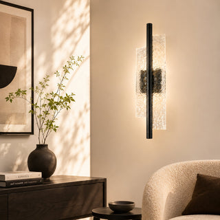 LED Wall Sconce, 2-Light, Matte Black with Clear Textured Shade
