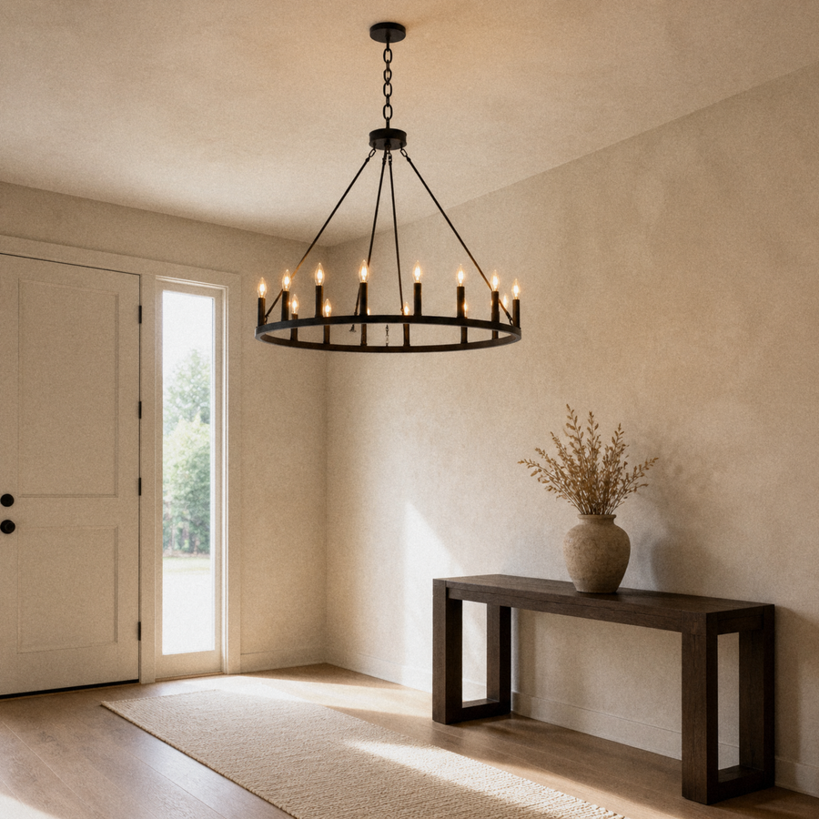 Entry | the same chandelier hanging above an entryway console table