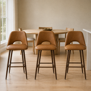 In a room | all three stools at a flax dining room's kitchen island edge, bright soft midday light from the left