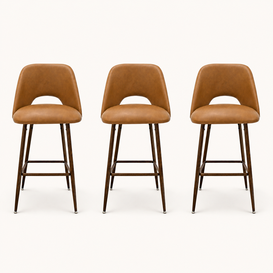 Front | all three matching stools centered on paper, keyhole cutout back and wood-grain footrest ring visible
