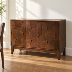 Walnut geometric-door sideboard in a dining nook